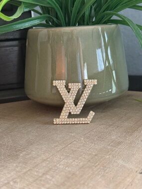 Rhinestone LV Style Monogram Brooch – Gold Tone Statement
